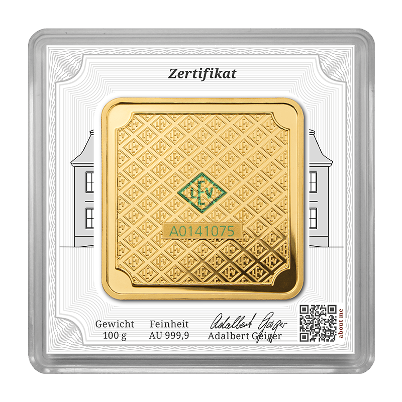 100 g .9999 quadratisch - Goldbarren Geiger original