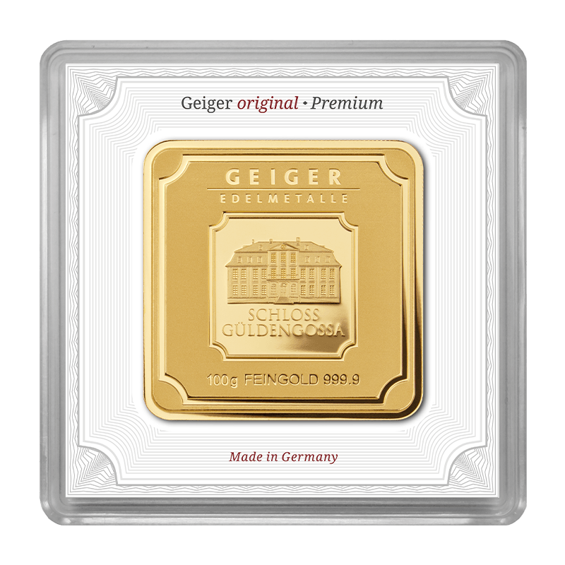 100 g .9999 quadratisch - Goldbarren Geiger original