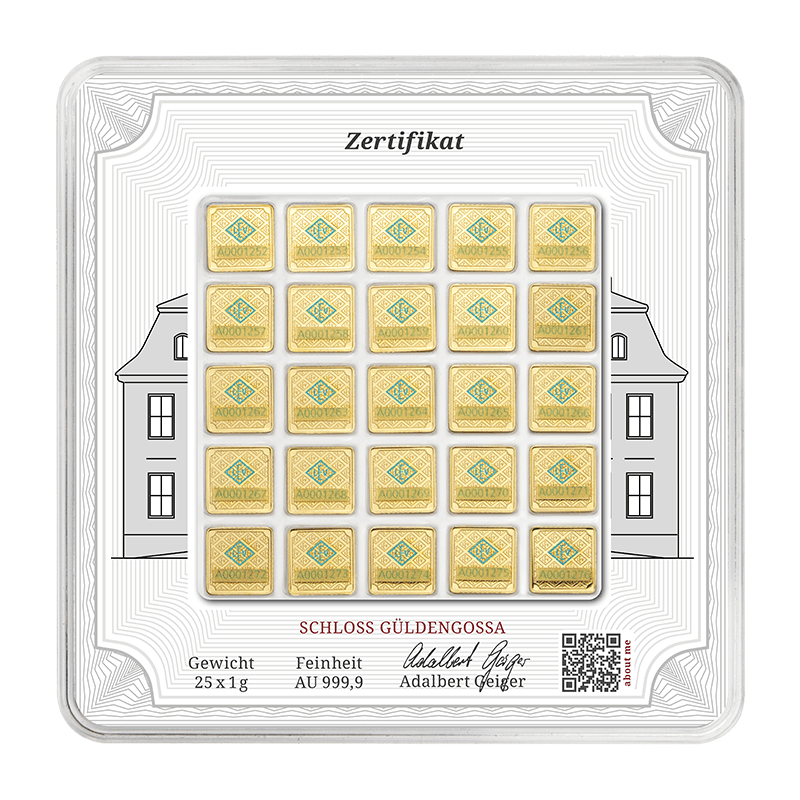 25 x 1 g .9999 quadratisch - Goldbarren Geiger original