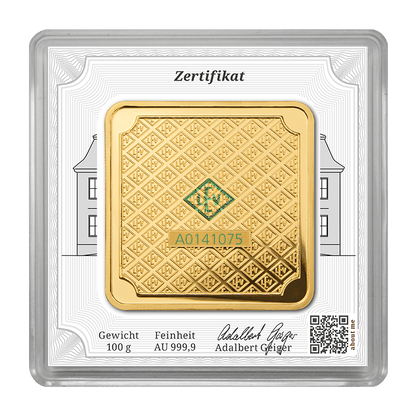100 g .9999 quadratisch - Goldbarren Geiger original
