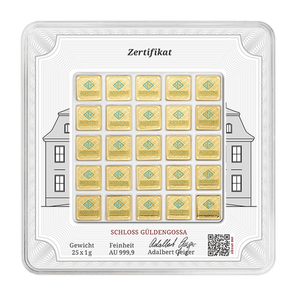 25 x 1 g .9999 quadratisch - Goldbarren Geiger original