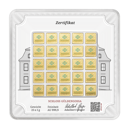 25 x 1 g .9999 quadratisch - Goldbarren Geiger original