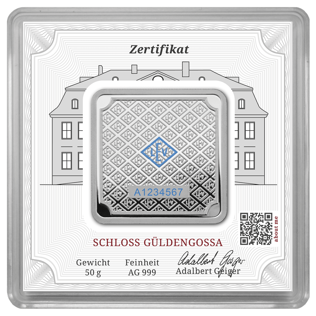 50 g .999 quadratisch in Kapsel - Silberbarren Geiger original